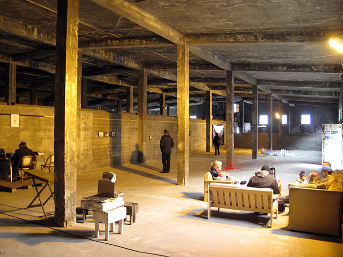 Djúpavík. Vernissage - Hlynur Hallsson and Jóna Hlíf Halldórsdóttir. - The exhibition hall in the old herring factory. (17 July 2010)