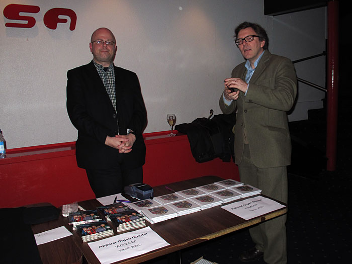 Reykjavík. Concert - Apparat Organ Quartet. - Jóhannes and Lárus, the owner of the and record store and label <a href='http://www.12tonar.com' target='_blank' class='linksnormal'>12 Tónar</a> in Reykjavík. 12 Tónar published the new CD '<a href='http://www.12tonar.is/2010/07-apparat-organ-quartet-polyfonia.php' target='_blank' class='linksnormal'>Pólýfónía</a>' by <a href='http://www.facebook.com/ApparatOrganQuartet' target='_blank' class='linksnormal'>Apparat Organ Quartet</a>. (9 December 2010)