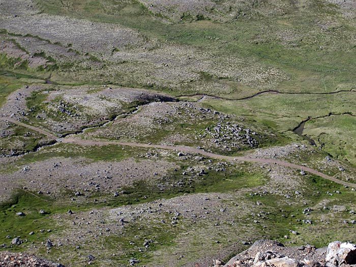 Djúpavík. Hiking, but only a short hike: up to the waterfall. - View back, down. (6 August 2012)