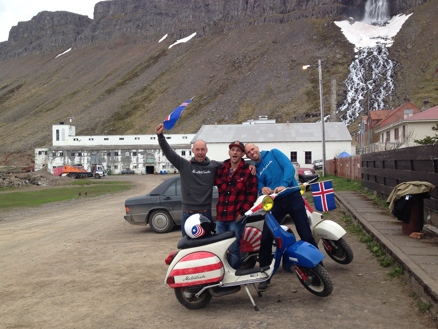 Djúpavík. Djúpavík in June. - Two of these guys arrived here on their Vespas - visiting Djúpavík on their trip around Iceland. Motorliebe - <a href='http://www.motorliebe.com' target='_blank' class='linksnormal'>here</a> and on <a href='https://www.facebook.com/pages/Motorliebe/410317649023989?ref=ts&fref=ts' target='_blank' class='linksnormal'>Facebook</a>. (1 till 30 June 2015)